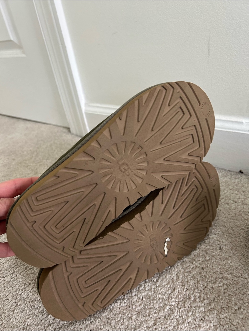 Uggs , Olive Green Suede Slip-On Slippers with Decorative Trim - Picture 3 of 3